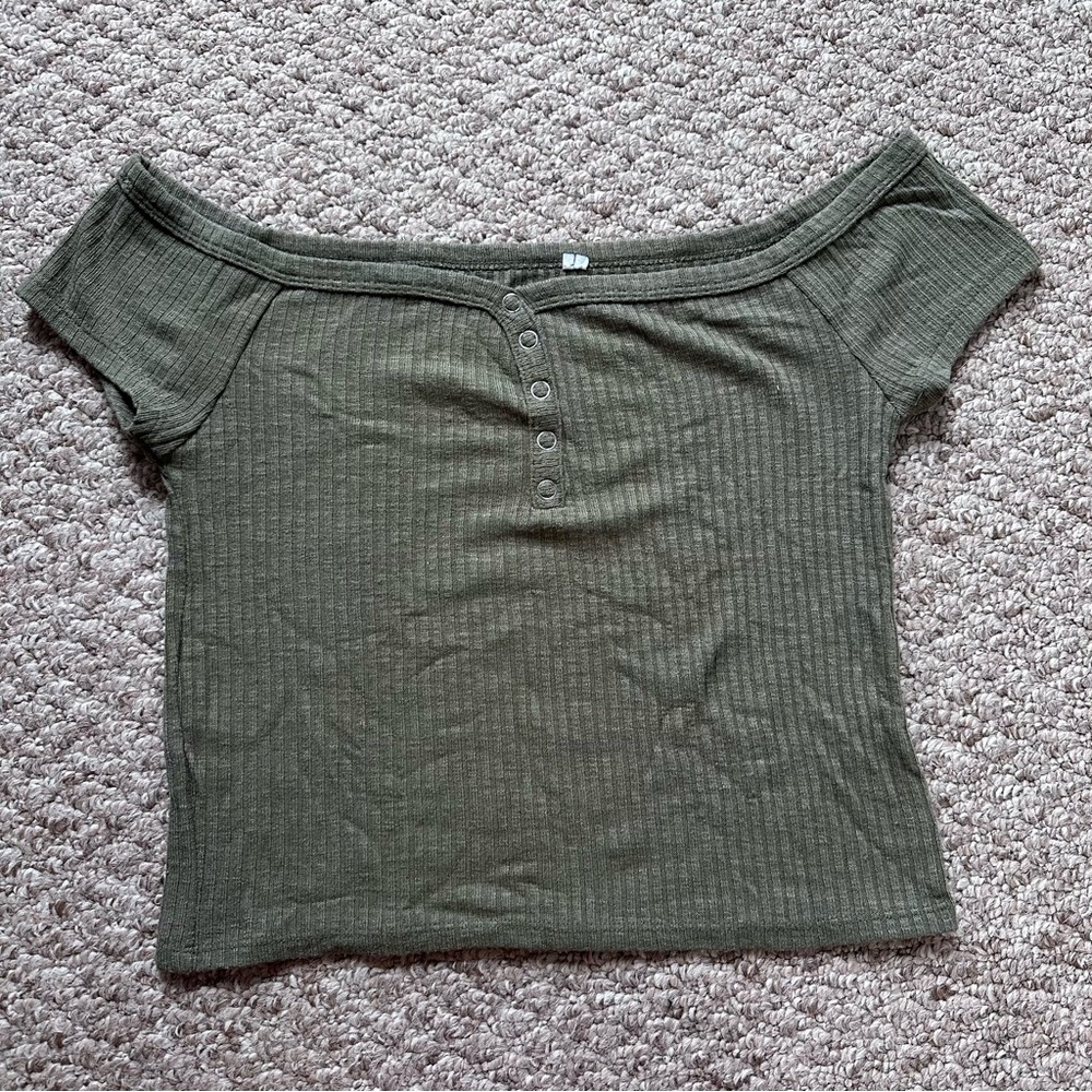 Me to We Olive Ribbed Off-Shoulder Crop Top